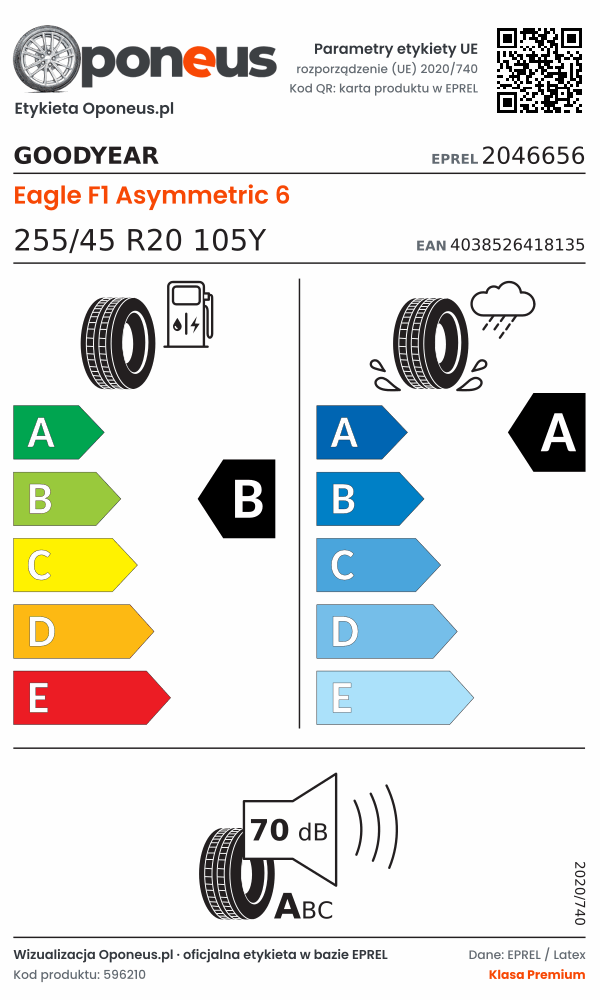 Parametry etykiety UE opony Goodyear Eagle F1 Asymmetric 6 255/45 R20 105Y: efektywność paliwowa B, przyczepność na mokrej nawierzchni A, hałas 70 dB (klasa A)