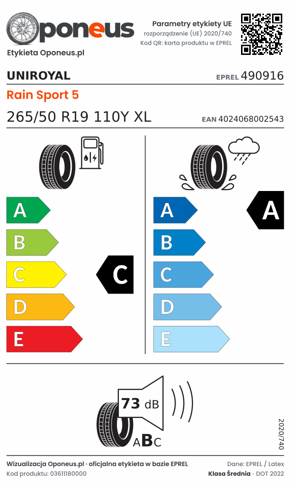 Parametry etykiety UE opony Uniroyal Rain Sport 5 265/50 R19 110Y XL: efektywność paliwowa C, przyczepność na mokrej nawierzchni A, hałas 73 dB (klasa B)
