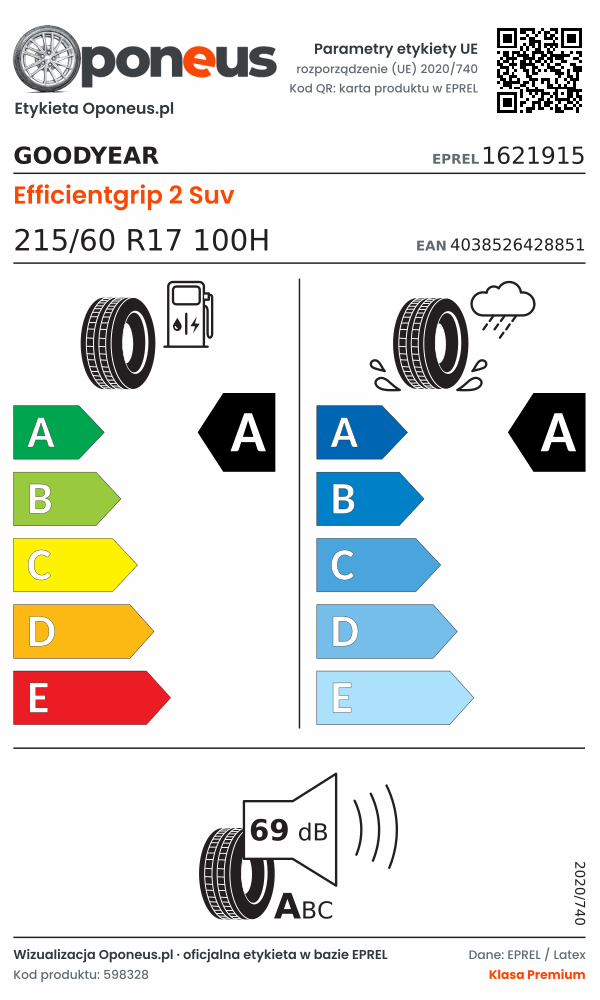 Parametry etykiety UE opony Goodyear Efficientgrip 2 Suv 215/60 R17 100H: efektywność paliwowa A, przyczepność na mokrej nawierzchni A, hałas 69 dB (klasa A)