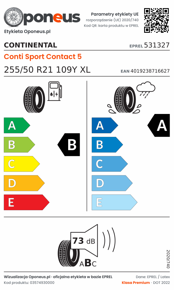 Parametry etykiety UE opony Continental Conti Sport Contact 5 255/50 R21 109Y XL: efektywność paliwowa B, przyczepność na mokrej nawierzchni A, hałas 73 dB (klasa B)