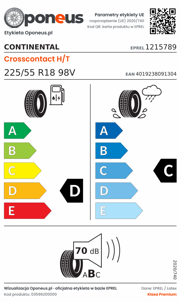 Parametry etykiety UE opony Continental Crosscontact H/T 225/55 R18 98V: efektywność paliwowa D, przyczepność na mokrej nawierzchni C, hałas 70 dB (klasa B)