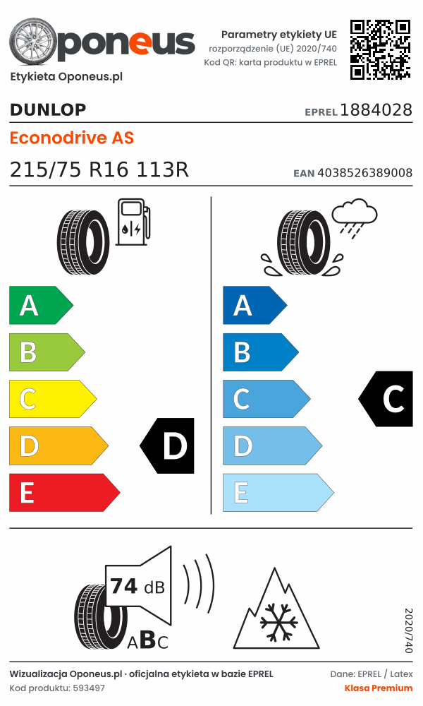 Parametry etykiety UE opony Dunlop Econodrive AS 215/75 R16 113R: efektywność paliwowa D, przyczepność na mokrej nawierzchni C, hałas 74 dB (klasa B), 3PMSF