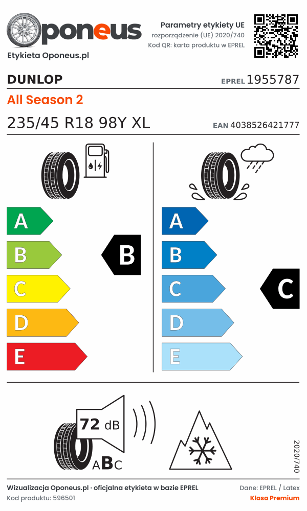 Parametry etykiety UE opony Dunlop All Season 2 235/45 R18 98Y XL: efektywność paliwowa B, przyczepność na mokrej nawierzchni C, hałas 72 dB (klasa B), 3PMSF