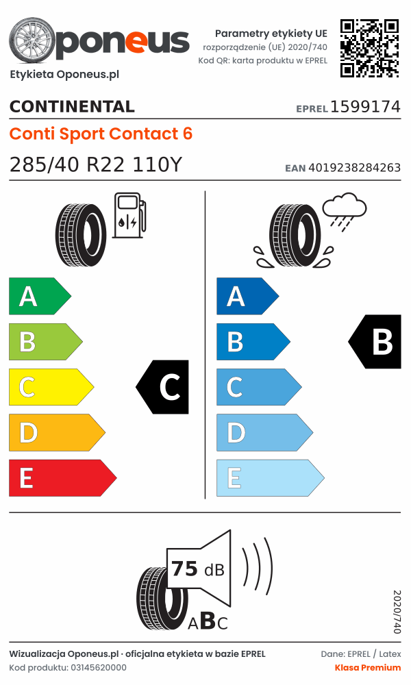 Parametry etykiety UE opony Continental Conti Sport Contact 6 285/40 R22 110Y: efektywność paliwowa C, przyczepność na mokrej nawierzchni B, hałas 75 dB (klasa B)