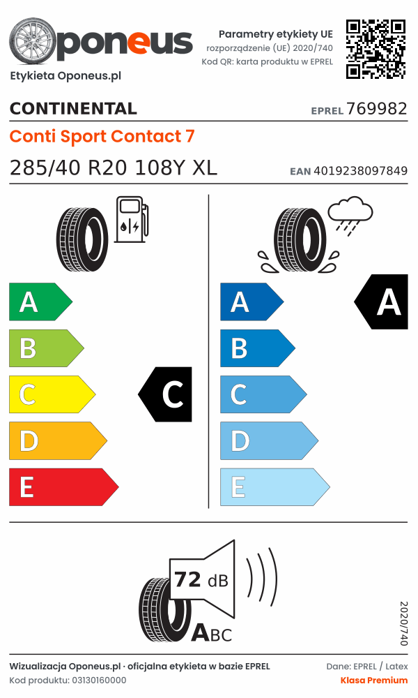 Parametry etykiety UE opony Continental Conti Sport Contact 7 285/40 R20 108Y XL: efektywność paliwowa C, przyczepność na mokrej nawierzchni A, hałas 72 dB (klasa A)
