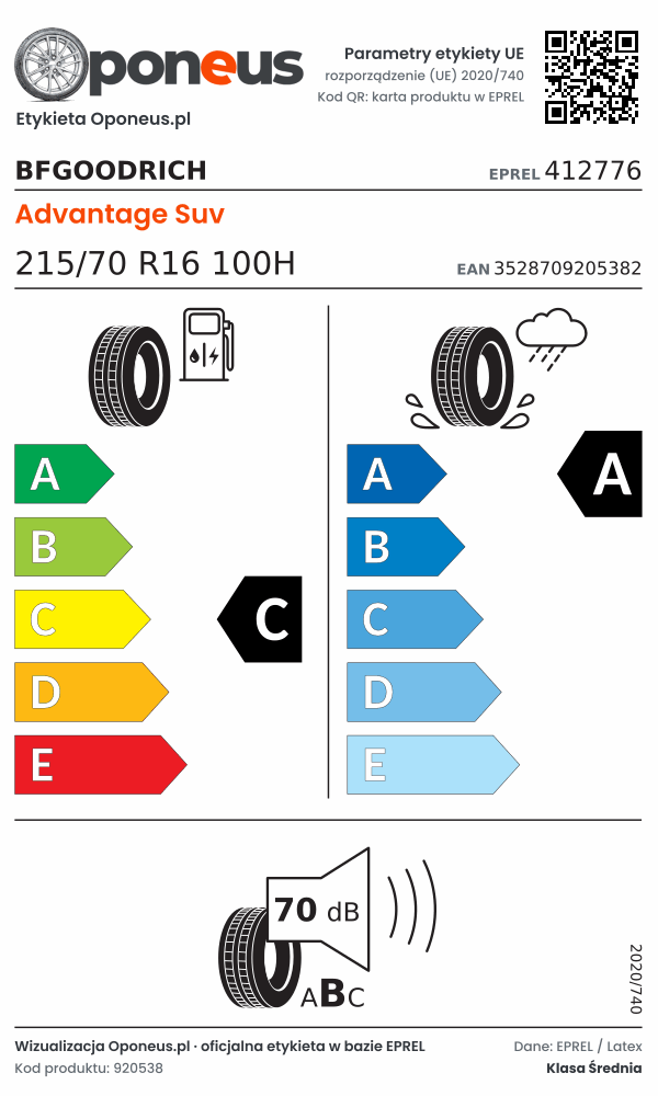 Parametry etykiety UE opony BFGoodrich Advantage Suv 215/70 R16 100H: efektywność paliwowa C, przyczepność na mokrej nawierzchni A, hałas 70 dB (klasa B)