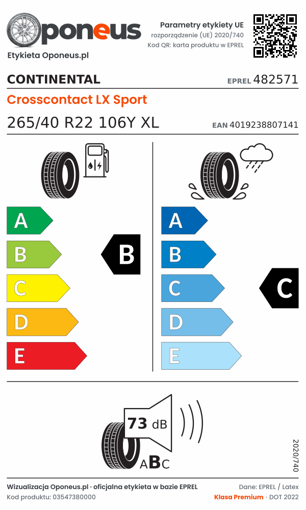 Parametry etykiety UE opony Continental Crosscontact LX Sport 265/40 R22 106Y XL: efektywność paliwowa B, przyczepność na mokrej nawierzchni C, hałas 73 dB (klasa B)