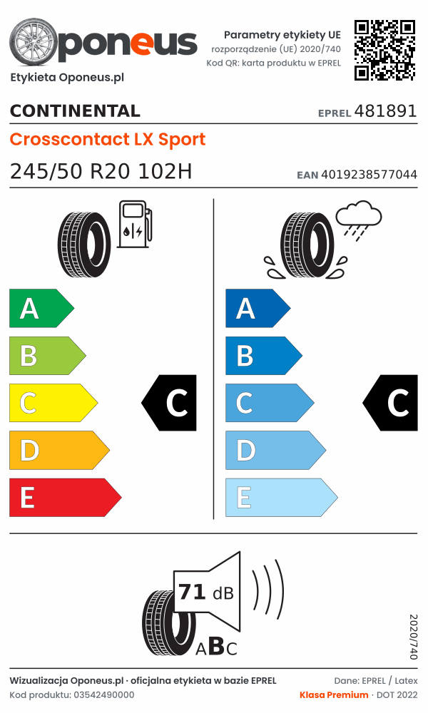Parametry etykiety UE opony Continental Crosscontact LX Sport 245/50 R20 102H: efektywność paliwowa C, przyczepność na mokrej nawierzchni C, hałas 71 dB (klasa B)