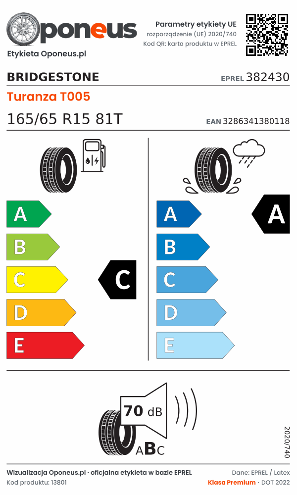 Parametry etykiety UE opony Bridgestone Turanza T005 165/65 R15 81T: efektywność paliwowa C, przyczepność na mokrej nawierzchni A, hałas 70 dB (klasa B)