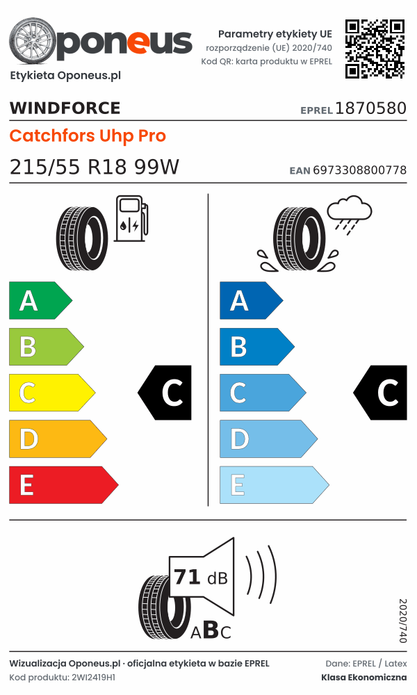 Parametry etykiety UE opony Windforce Catchfors Uhp Pro 215/55 R18 99W: efektywność paliwowa C, przyczepność na mokrej nawierzchni C, hałas 71 dB (klasa B)