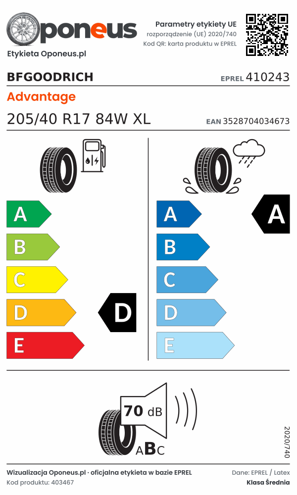 Parametry etykiety UE opony BFGoodrich Advantage 205/40 R17 84W XL: efektywność paliwowa D, przyczepność na mokrej nawierzchni A, hałas 70 dB (klasa B)