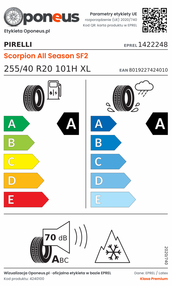 Parametry etykiety UE opony Pirelli Scorpion All Season SF2 255/40 R20 101H XL: efektywność paliwowa A, przyczepność na mokrej nawierzchni A, hałas 70 dB (klasa A), 3PMSF