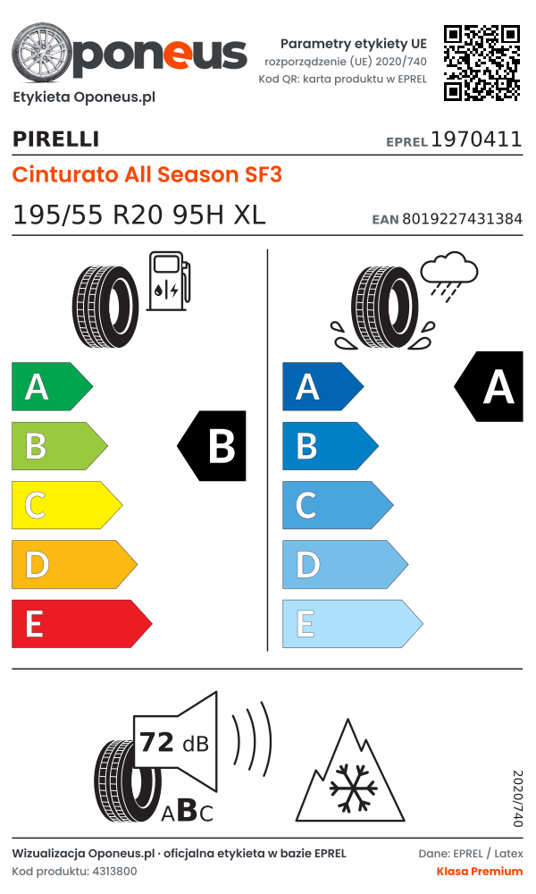 Parametry etykiety UE opony Pirelli Cinturato All Season SF3 195/55 R20 95H XL: efektywność paliwowa B, przyczepność na mokrej nawierzchni A, hałas 72 dB (klasa B), 3PMSF