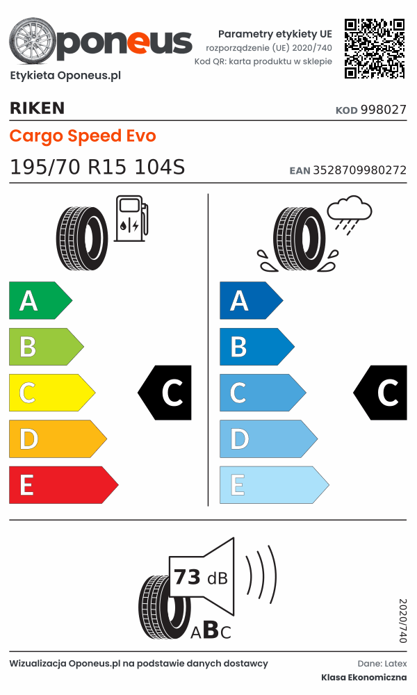 Parametry etykiety UE opony Riken Cargo Speed Evo 195/70 R15 104S: efektywność paliwowa C, przyczepność na mokrej nawierzchni C, hałas 73 dB (klasa B)