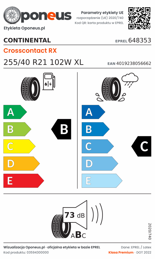 Parametry etykiety UE opony Continental Crosscontact RX 255/40 R21 102W XL: efektywność paliwowa B, przyczepność na mokrej nawierzchni C, hałas 73 dB (klasa B)