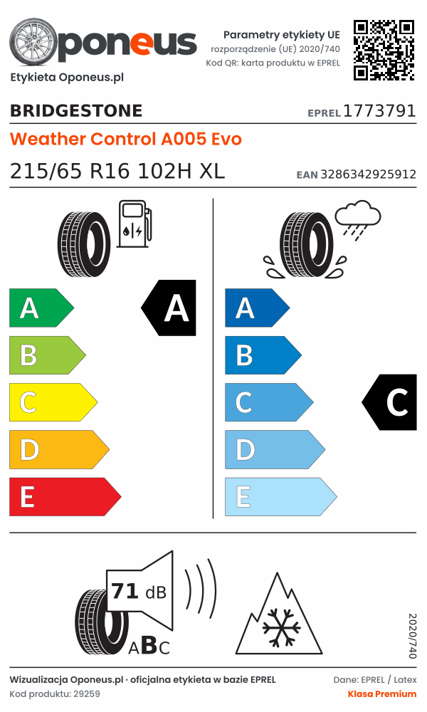 Parametry etykiety UE opony Bridgestone Weather Control A005 Evo 215/65 R16 102H XL: efektywność paliwowa A, przyczepność na mokrej nawierzchni C, hałas 71 dB (klasa B), 3PMSF