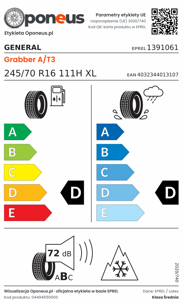 Parametry etykiety UE opony General Grabber A/T3 245/70 R16 111H XL: efektywność paliwowa D, przyczepność na mokrej nawierzchni D, hałas 72 dB (klasa B), 3PMSF