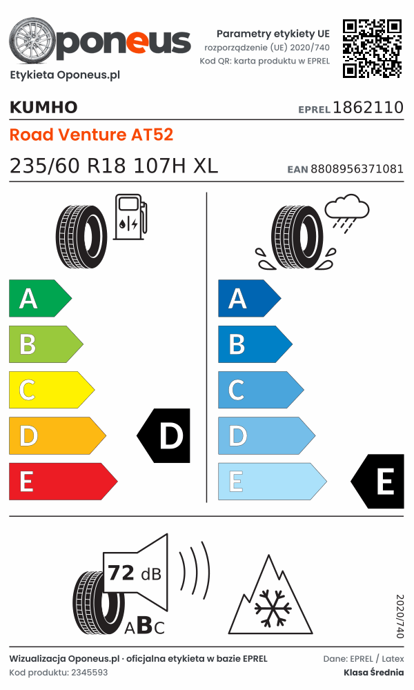Parametry etykiety UE opony Kumho Road Venture AT52 235/60 R18 107H XL: efektywność paliwowa D, przyczepność na mokrej nawierzchni E, hałas 72 dB (klasa B), 3PMSF
