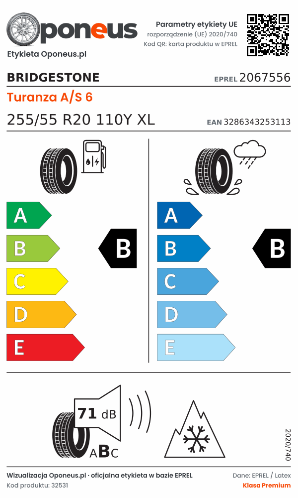 Parametry etykiety UE opony Bridgestone Turanza A/S 6 255/55 R20 110Y XL: efektywność paliwowa B, przyczepność na mokrej nawierzchni B, hałas 71 dB (klasa B), 3PMSF