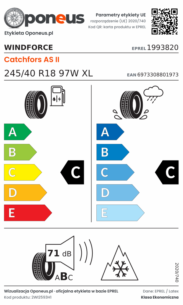 Parametry etykiety UE opony Windforce Catchfors AS II 245/40 R18 97W XL: efektywność paliwowa C, przyczepność na mokrej nawierzchni C, hałas 71 dB (klasa B), 3PMSF