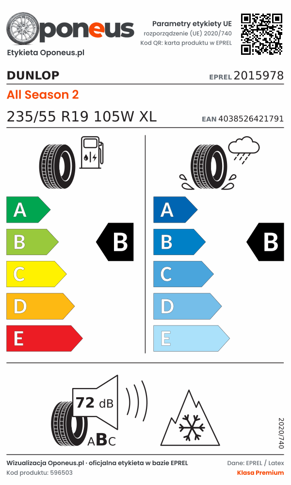 Parametry etykiety UE opony Dunlop All Season 2 235/55 R19 105W XL: efektywność paliwowa B, przyczepność na mokrej nawierzchni B, hałas 72 dB (klasa B), 3PMSF