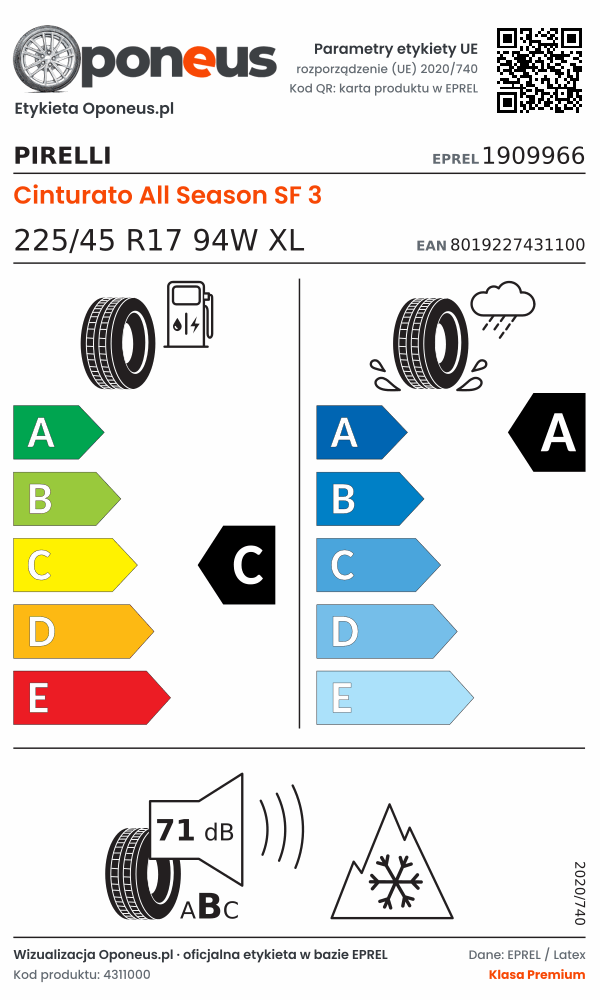 Parametry etykiety UE opony Pirelli Cinturato All Season SF 3 225/45 R17 94W XL: efektywność paliwowa C, przyczepność na mokrej nawierzchni A, hałas 71 dB (klasa B), 3PMSF