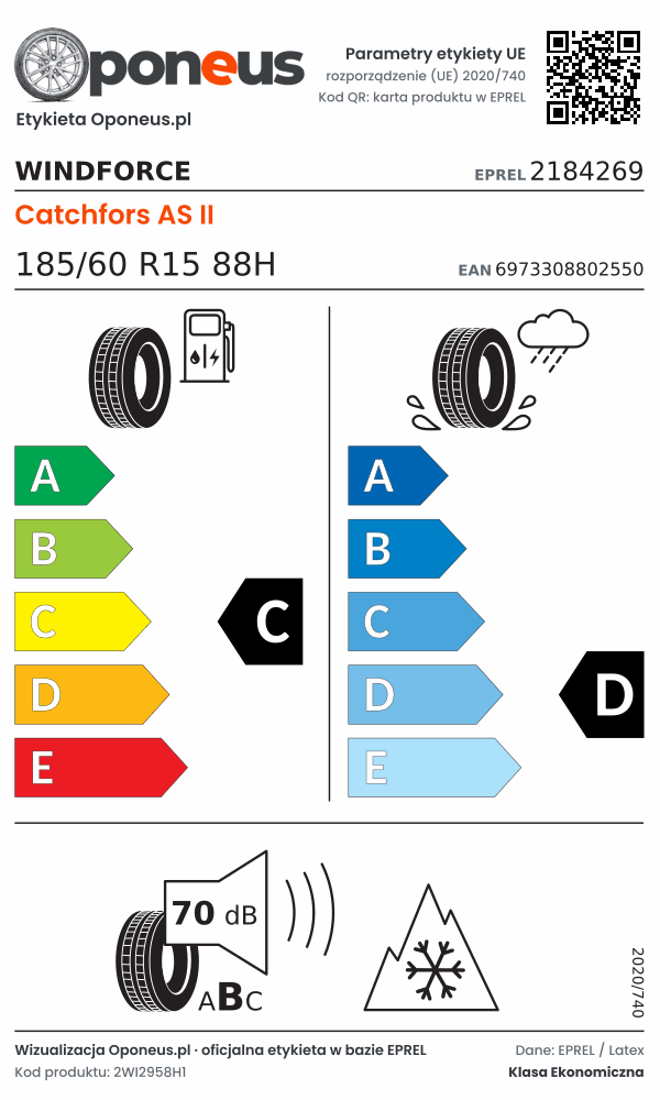 Parametry etykiety UE opony Windforce Catchfors AS II 185/60 R15 88H: efektywność paliwowa C, przyczepność na mokrej nawierzchni D, hałas 70 dB (klasa B), 3PMSF