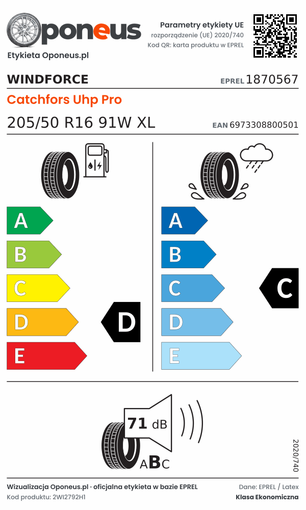 Parametry etykiety UE opony Windforce Catchfors Uhp Pro 205/50 R16 91W XL: efektywność paliwowa D, przyczepność na mokrej nawierzchni C, hałas 71 dB (klasa B)