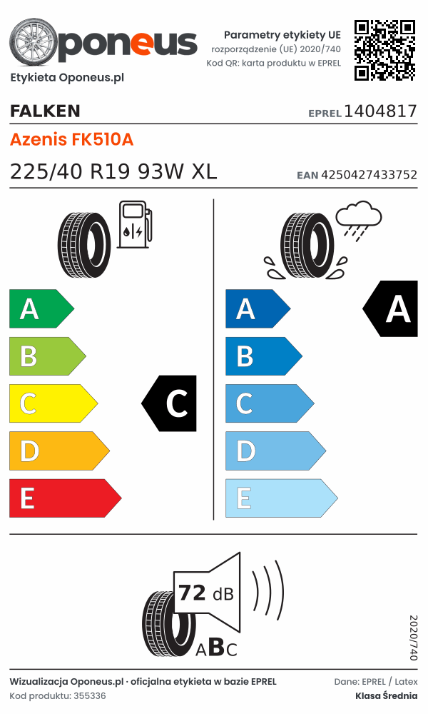 Parametry etykiety UE opony Falken Azenis FK510A 225/40 R19 93W XL: efektywność paliwowa C, przyczepność na mokrej nawierzchni A, hałas 72 dB (klasa B)