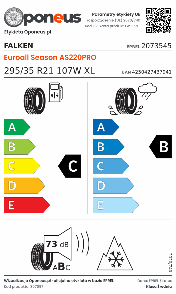 Parametry etykiety UE opony Falken Euroall Season AS220PRO 295/35 R21 107W XL: efektywność paliwowa C, przyczepność na mokrej nawierzchni B, hałas 73 dB (klasa B), 3PMSF