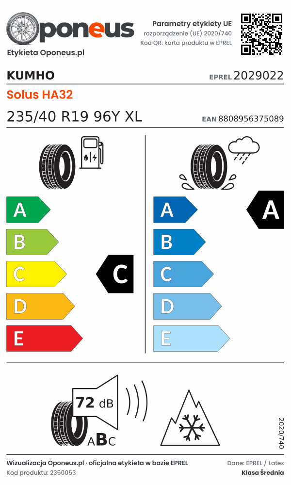 Parametry etykiety UE opony Kumho Solus HA32 235/40 R19 96Y XL: efektywność paliwowa C, przyczepność na mokrej nawierzchni A, hałas 72 dB (klasa B), 3PMSF