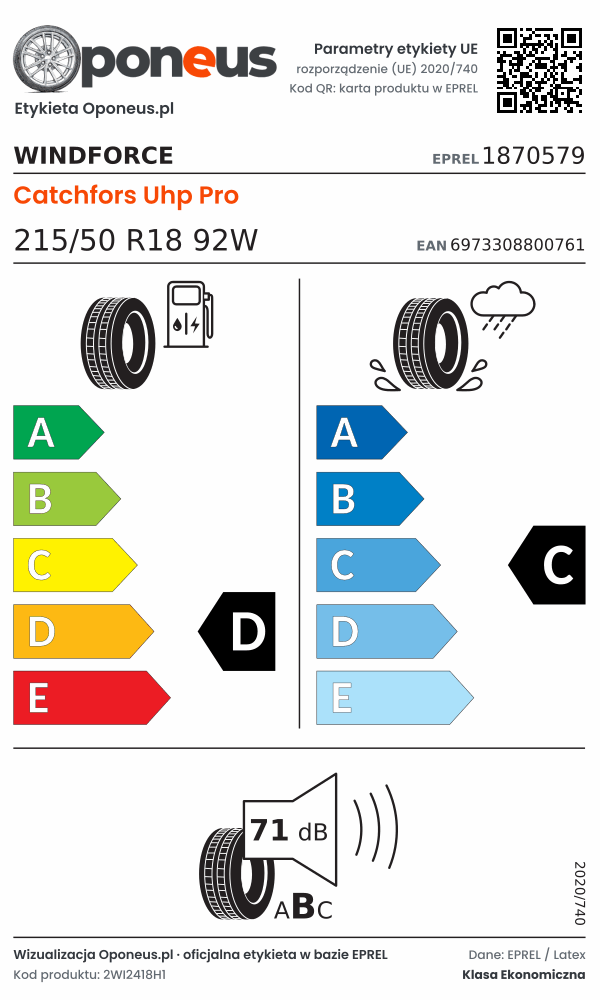 Parametry etykiety UE opony Windforce Catchfors Uhp Pro 215/50 R18 92W: efektywność paliwowa D, przyczepność na mokrej nawierzchni C, hałas 71 dB (klasa B)