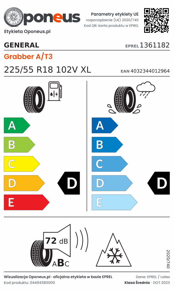 Parametry etykiety UE opony General Grabber A/T3 225/55 R18 102V XL: efektywność paliwowa D, przyczepność na mokrej nawierzchni D, hałas 72 dB (klasa B), 3PMSF