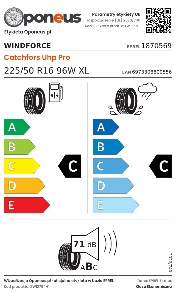 Parametry etykiety UE opony Windforce Catchfors Uhp Pro 225/50 R16 96W XL: efektywność paliwowa C, przyczepność na mokrej nawierzchni C, hałas 71 dB (klasa B)