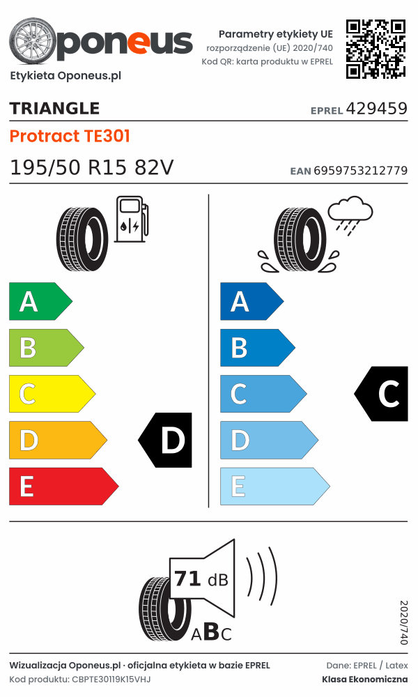Parametry etykiety UE opony Triangle Protract TE301 195/50 R15 82V: efektywność paliwowa D, przyczepność na mokrej nawierzchni C, hałas 71 dB (klasa B)