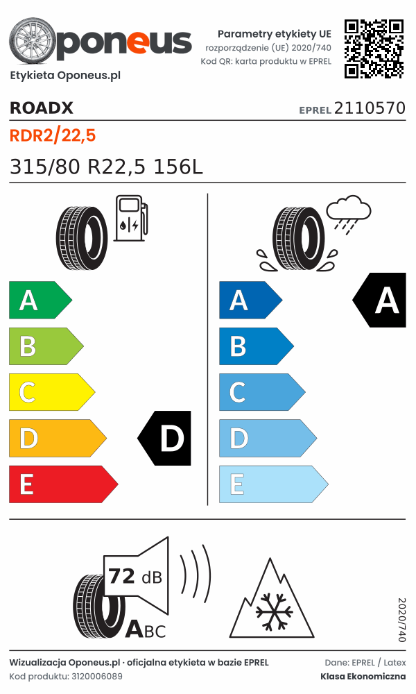 Parametry etykiety UE opony RoadX RDR2/22,5 315/80 R22,5 156L: efektywność paliwowa D, przyczepność na mokrej nawierzchni A, hałas 72 dB (klasa A), 3PMSF