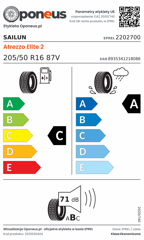 Parametry etykiety UE opony Sailun Atrezzo Elite 2 205/50 R16 87V: efektywność paliwowa C, przyczepność na mokrej nawierzchni A, hałas 71 dB (klasa B)