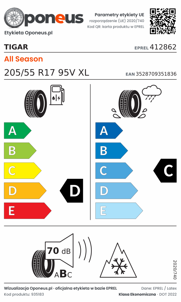 Parametry etykiety UE opony Tigar All Season 205/55 R17 95V XL: efektywność paliwowa D, przyczepność na mokrej nawierzchni C, hałas 70 dB (klasa B), 3PMSF