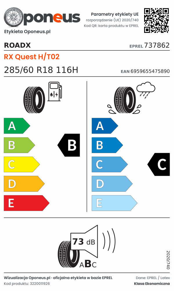 Parametry etykiety UE opony RoadX RX Quest H/T02 285/60 R18 116H: efektywność paliwowa B, przyczepność na mokrej nawierzchni C, hałas 73 dB (klasa B)