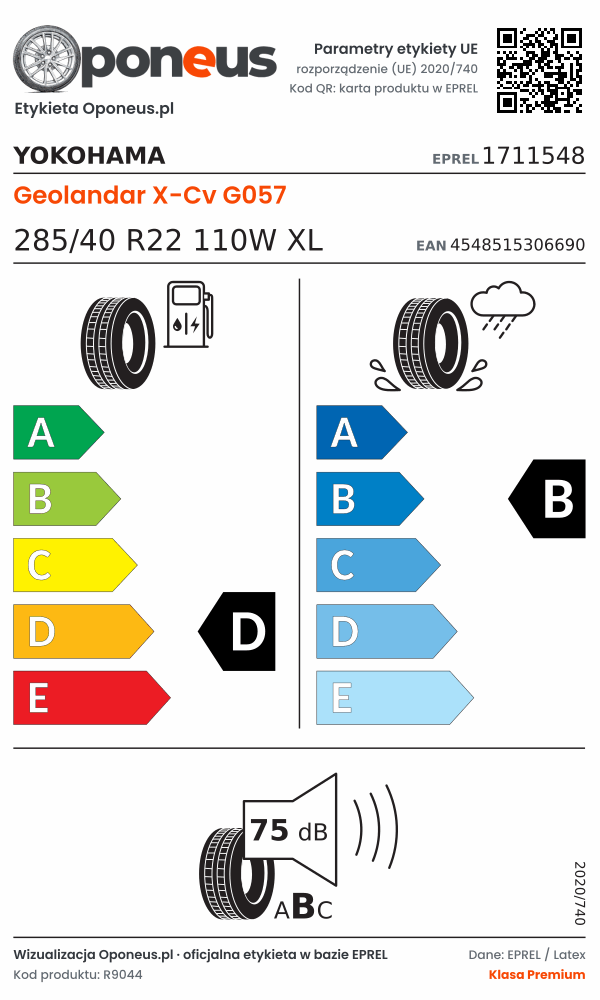 Parametry etykiety UE opony Yokohama Geolandar X-Cv G057 285/40 R22 110W XL: efektywność paliwowa D, przyczepność na mokrej nawierzchni B, hałas 75 dB (klasa B)
