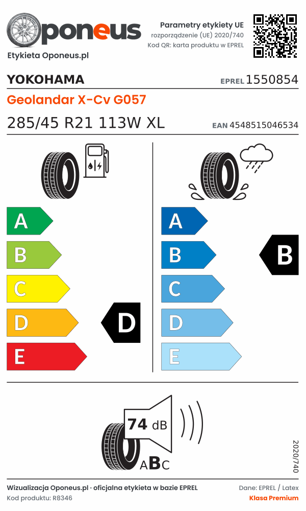 Parametry etykiety UE opony Yokohama Geolandar X-Cv G057 285/45 R21 113W XL: efektywność paliwowa D, przyczepność na mokrej nawierzchni B, hałas 74 dB (klasa B)