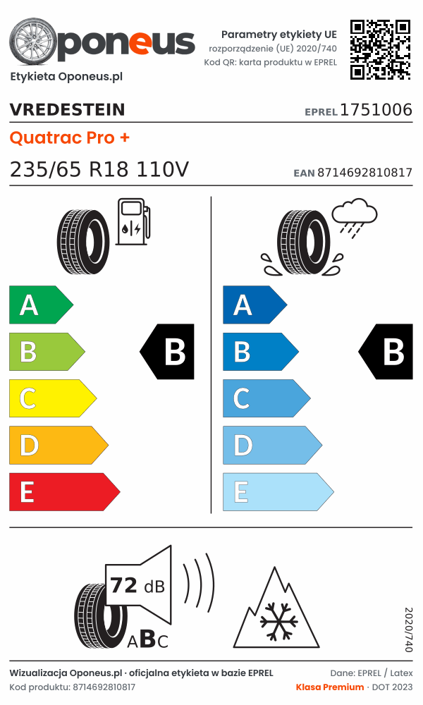 Parametry etykiety UE opony Vredestein Quatrac Pro + 235/65 R18 110V: efektywność paliwowa B, przyczepność na mokrej nawierzchni B, hałas 72 dB (klasa B), 3PMSF