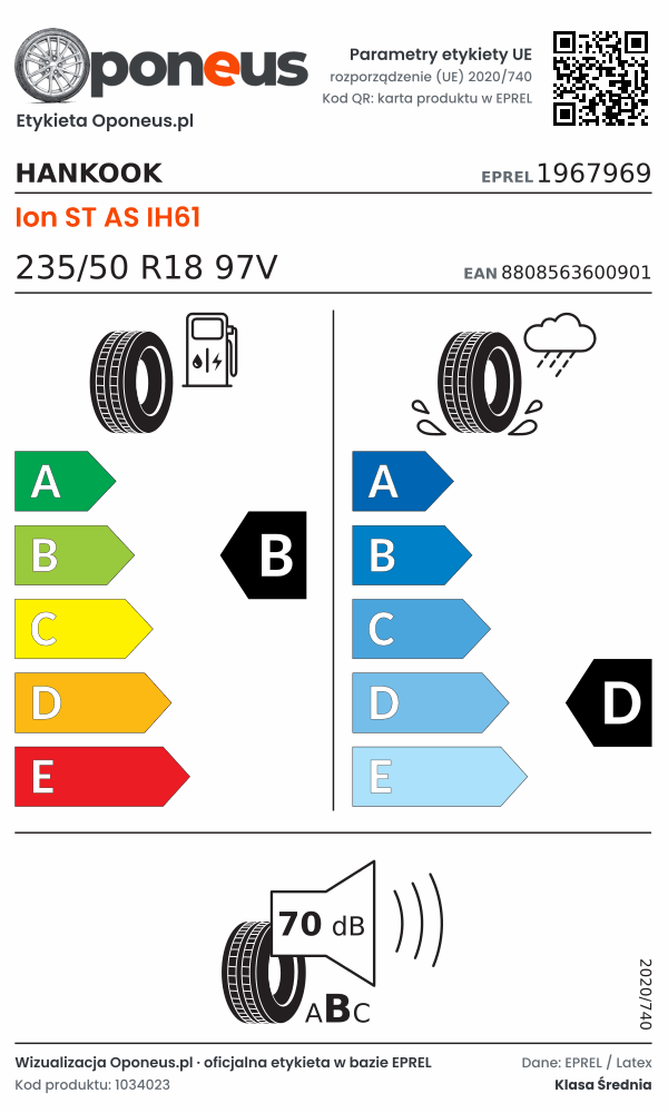 Parametry etykiety UE opony Hankook Ion ST AS IH61 235/50 R18 97V: efektywność paliwowa B, przyczepność na mokrej nawierzchni D, hałas 70 dB (klasa B)