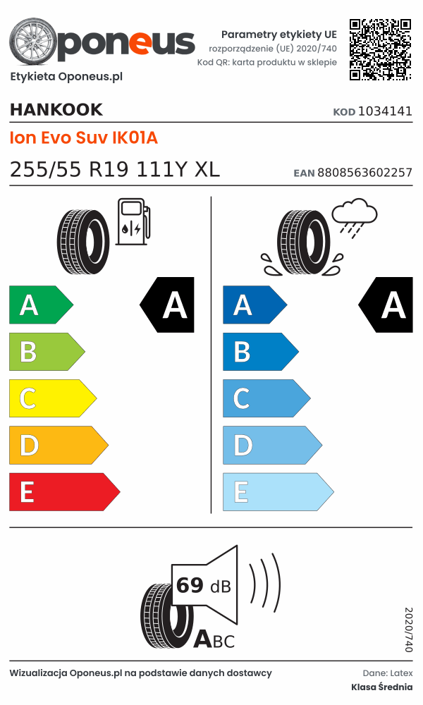 Parametry etykiety UE opony Hankook Ion Evo Suv IK01A 255/55 R19 111Y XL: efektywność paliwowa A, przyczepność na mokrej nawierzchni A, hałas 69 dB (klasa A)