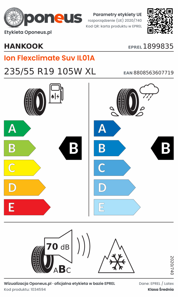 Parametry etykiety UE opony Hankook Ion Flexclimate Suv IL01A 235/55 R19 105W XL: efektywność paliwowa B, przyczepność na mokrej nawierzchni B, hałas 70 dB (klasa B), 3PMSF