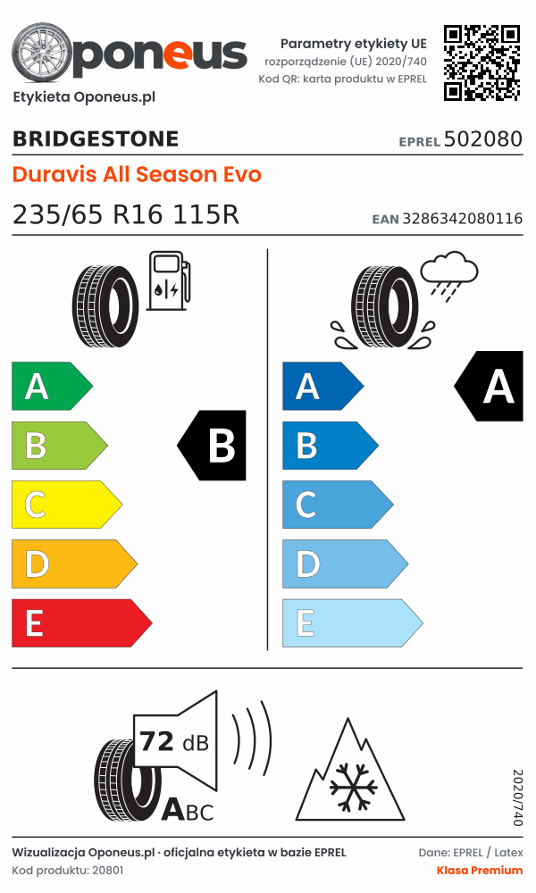 Parametry etykiety UE opony Bridgestone Duravis All Season Evo 235/65 R16 115R: efektywność paliwowa B, przyczepność na mokrej nawierzchni A, hałas 72 dB (klasa A), 3PMSF