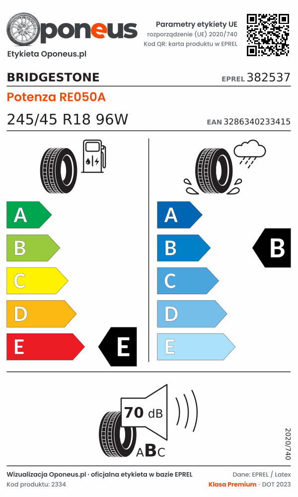 Parametry etykiety UE opony Bridgestone Potenza RE050A 245/45 R18 96W: efektywność paliwowa E, przyczepność na mokrej nawierzchni B, hałas 70 dB (klasa B)
