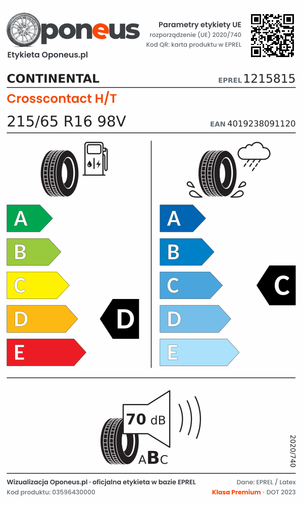 Parametry etykiety UE opony Continental Crosscontact H/T 215/65 R16 98V: efektywność paliwowa D, przyczepność na mokrej nawierzchni C, hałas 70 dB (klasa B)