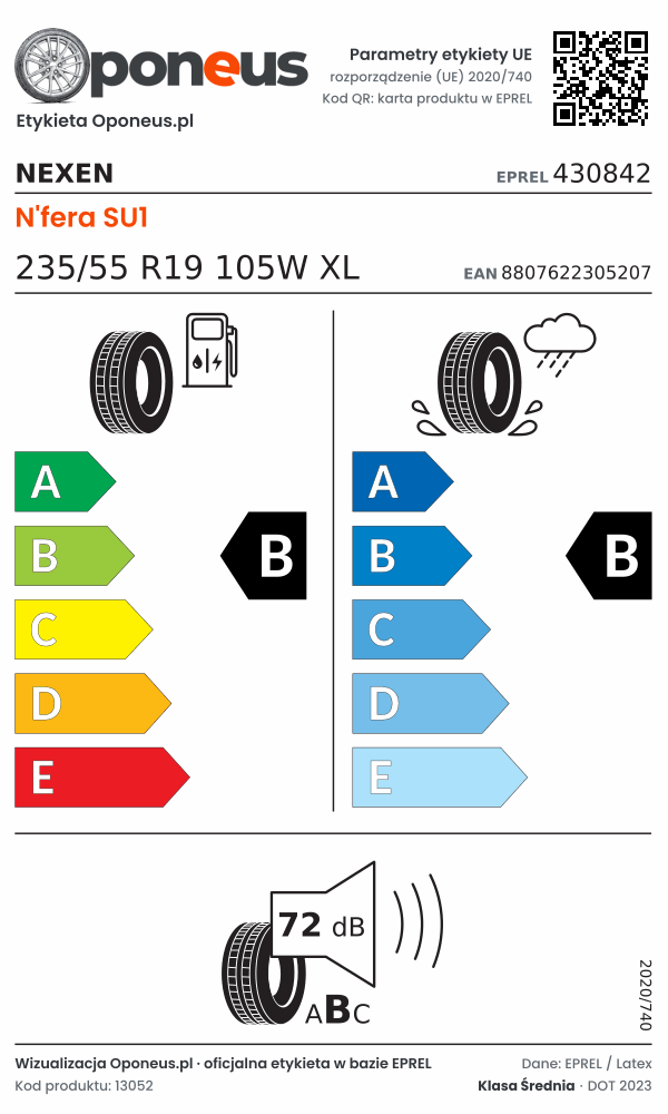 Parametry etykiety UE opony Nexen N'fera SU1 235/55 R19 105W XL: efektywność paliwowa B, przyczepność na mokrej nawierzchni B, hałas 72 dB (klasa B)