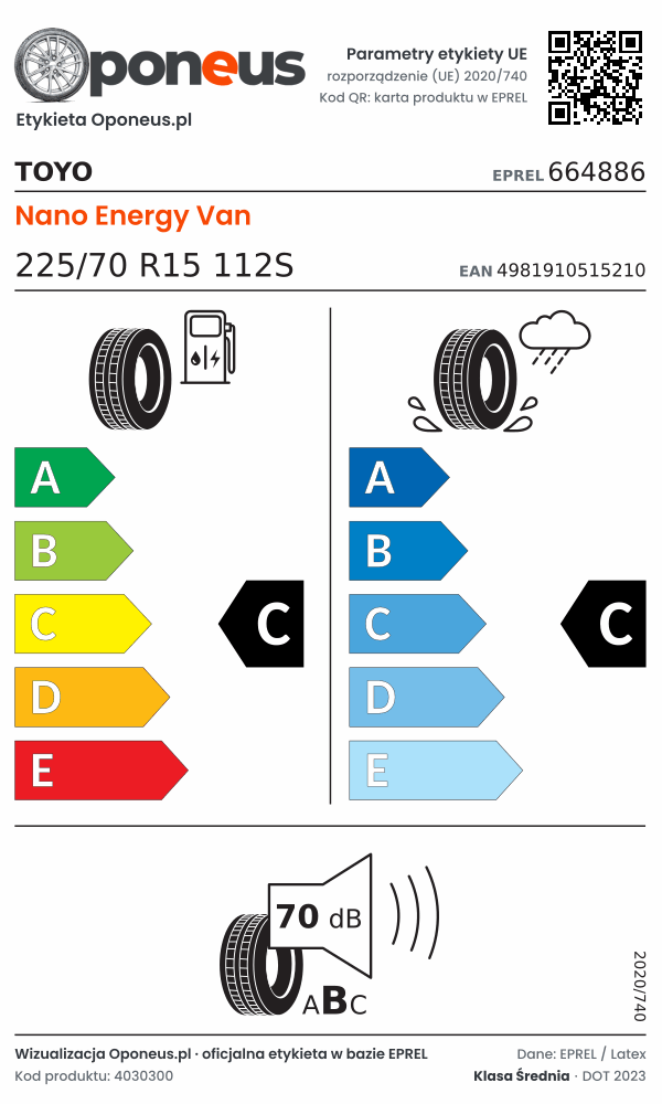 Parametry etykiety UE opony Toyo Nano Energy Van 225/70 R15 112S: efektywność paliwowa C, przyczepność na mokrej nawierzchni C, hałas 70 dB (klasa B)
